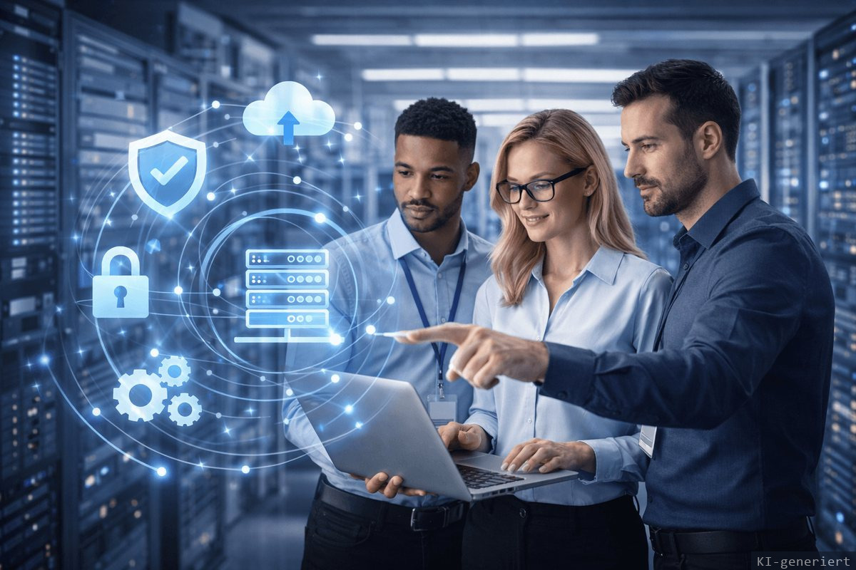 Techniker von Silz-Networks arbeiten mit einem Notebook vor einem Serverschrank